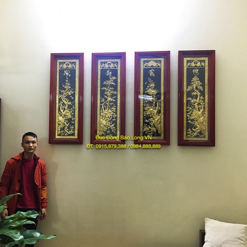 Tranh Tứ Quý Mạ Vàng, khung gỗ Hương 1m1