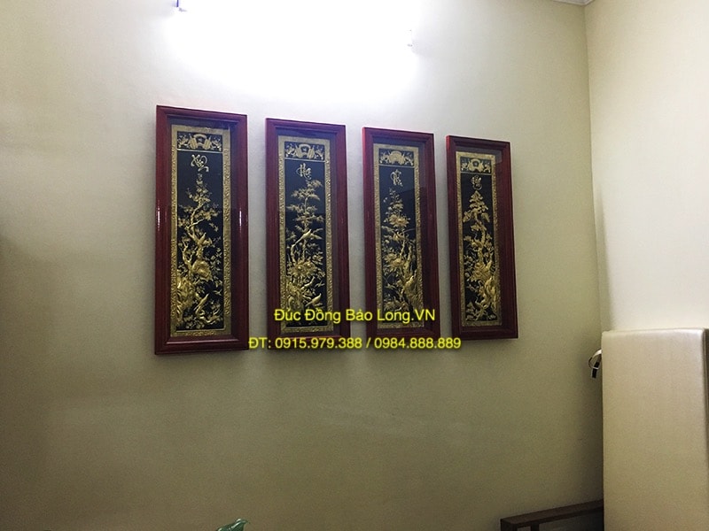 Tranh Tứ Quý Mạ Vàng, khung gỗ Hương 1m1