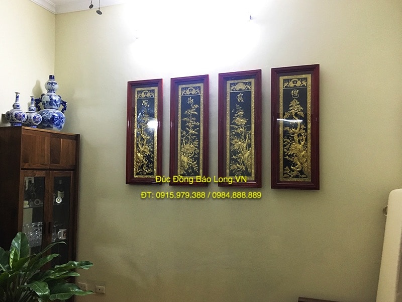 Tranh Tứ Quý Mạ Vàng, khung gỗ Hương 1m1