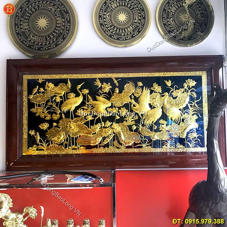 Tranh Đồng Sen Hạc Mạ Vàng 24k Dài 1m76