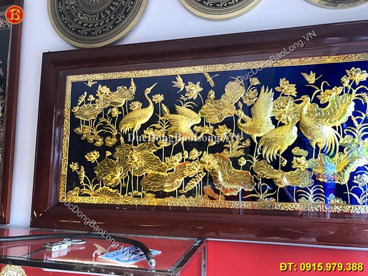 Tranh Đồng Sen Hạc Mạ Vàng 24k Dài 1m76