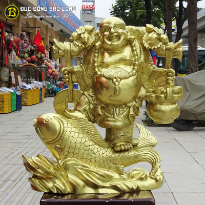Tượng Phật Di Lặc Cưỡi Cá Chép Bằng Đồng 70cm
