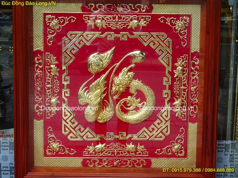Chữ Phúc Hoá Rồng Mạ Vàng 24k, nền màu đỏ, vuông 88cm