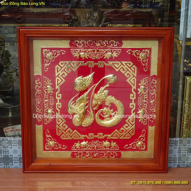 Chữ Phúc Hoá Rồng Mạ Vàng 24k, nền màu đỏ, vuông 88cm