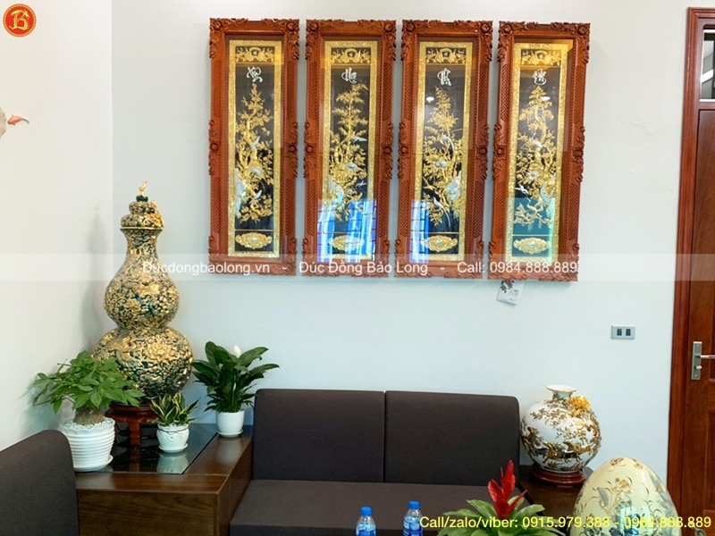 Tranh Tứ Quý Mạ Vàng 24k cao 1m27 treo ở Bắc Giang
