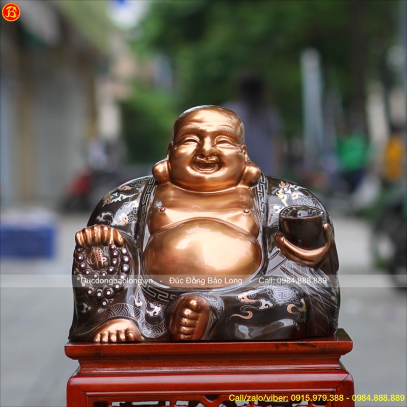 Tượng Phật Di Lặc Đồng Đỏ Khảm Tam Khí cao 35cm