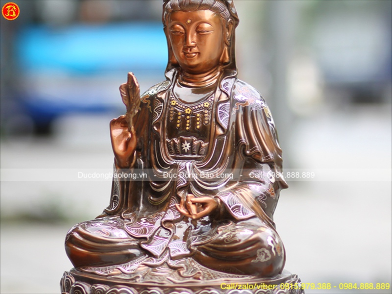 Tượng Đồng Phật Bà Quan Âm 48cm Khảm Tam Khí