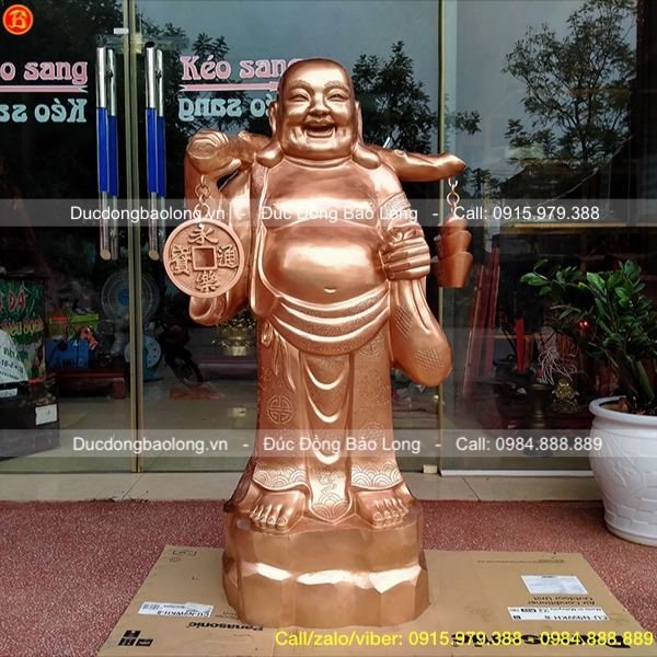 Tượng Phật Di Lặc Đứng Gánh Tiền Cao 1m27 Đồng Đỏ