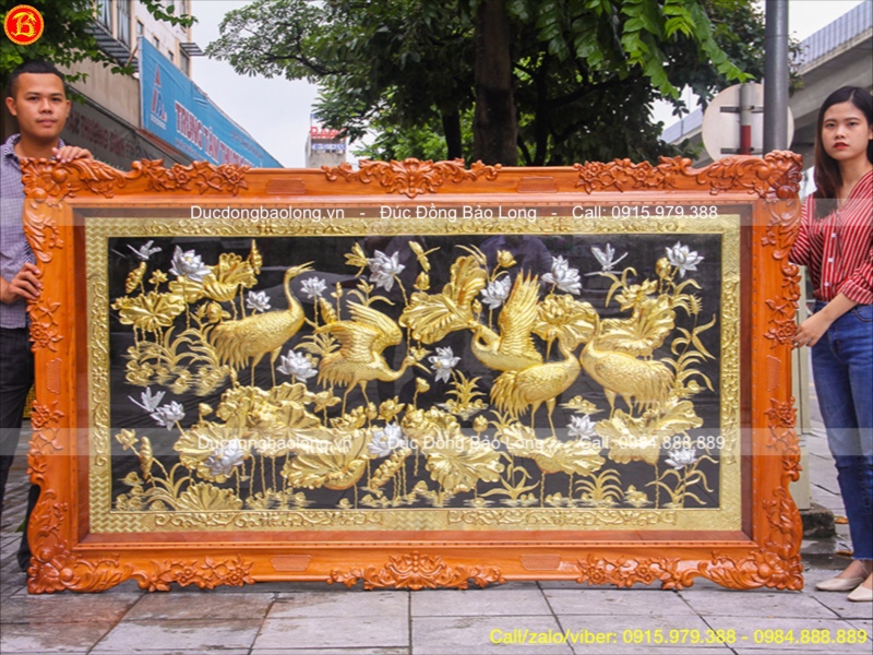 Tranh Đồng Sen Hạc Mạ Vàng Dát Bạc 2m37x1m33