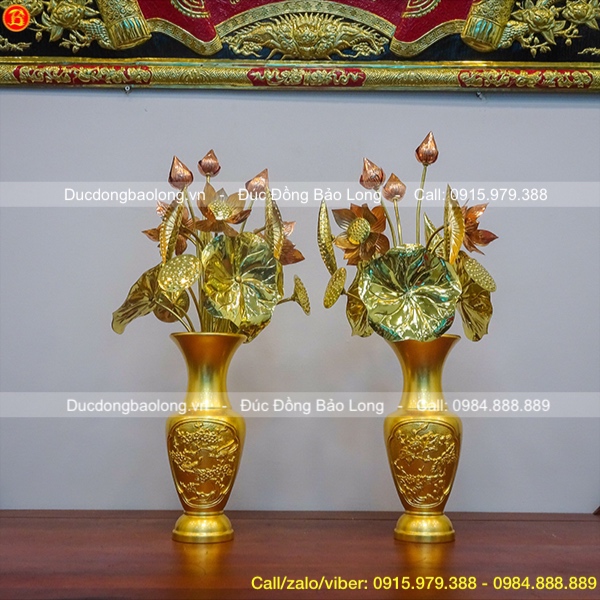 Bình Hoa Sen Bằng Đồng Dát Vàng Cao 36cm