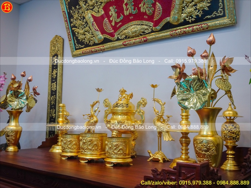 Bộ Đồ thờ đầy đủ bằng đồng dát vàng 9999 cao 60cm