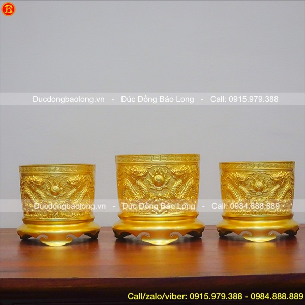 Bộ 3 Bát Hương đúc nổi dát vàng 9999 18 – 20cm