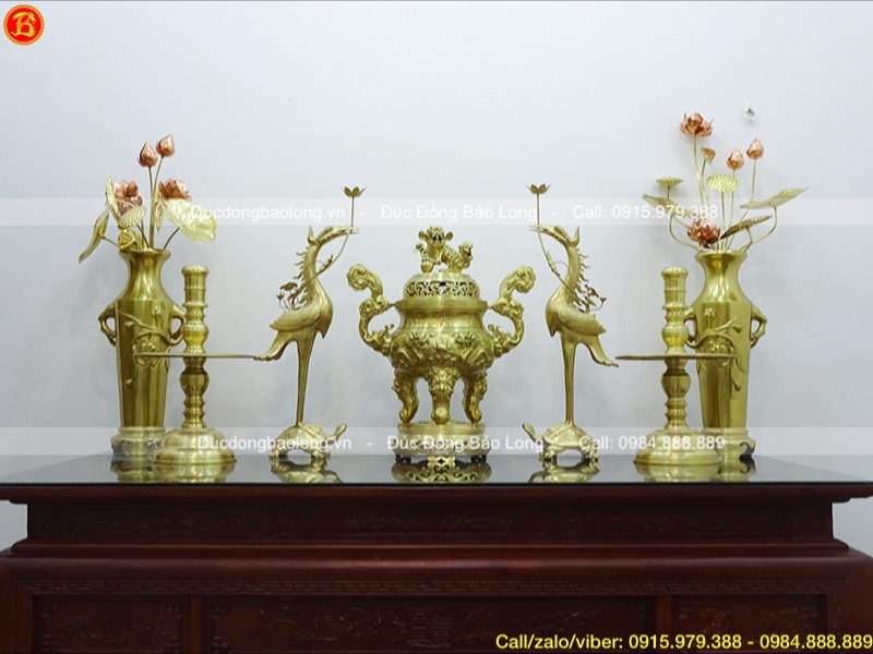 Bộ Ngũ sự 70cm và Đôi Lọ hoa hồng 60cm bằng đồng Catut