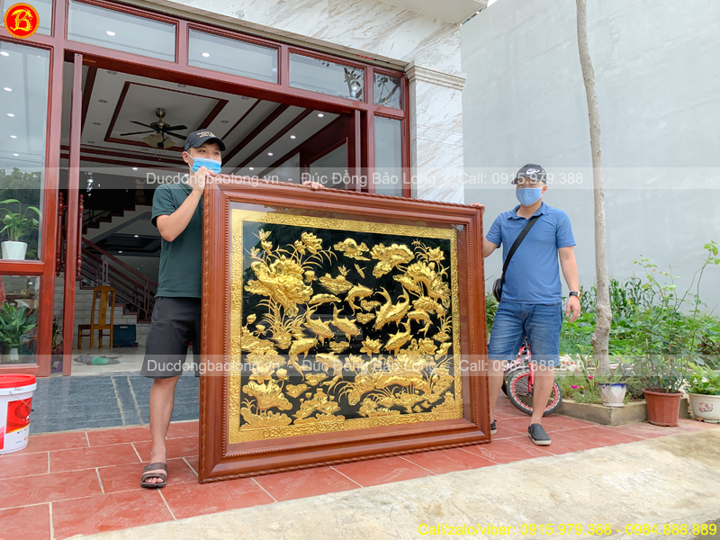 tranh Cá Chép Hoa Sen 1m4 x 1m7 Mạ vàng