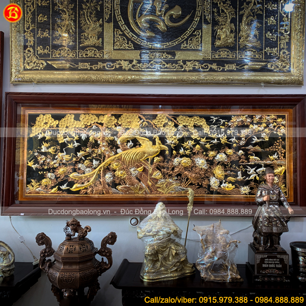 Tranh Phượng Hoàng Du Xuân 2m17 x 88cm Mạ Vàng Dát Bạc