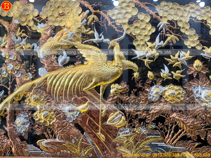 Tranh Phượng Hoàng Du Xuân 2m17 x 88cm Mạ Vàng Dát Bạc