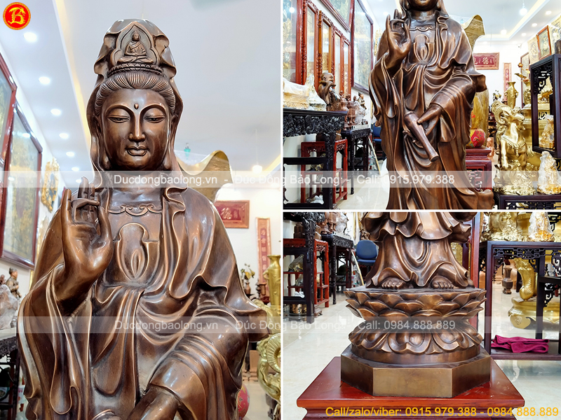Tượng Phật Bà Quan Âm đứng cao 1m25 bằng đồng đỏ