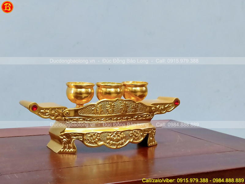 bộ Khay 3 chén thờ bằng đồng dát vàng