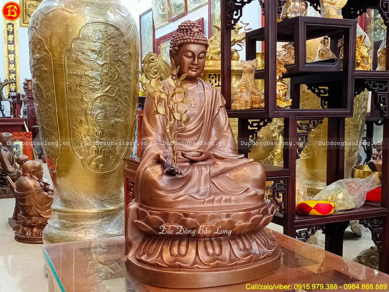 Tượng Phật Dược Sư Ngồi Bệ Sen 48cm Bằng Đồng Đỏ