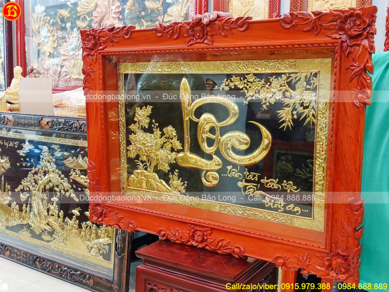 tranh chữ Lộc bằng đồng 86cm x 61cm khung gỗ hương
