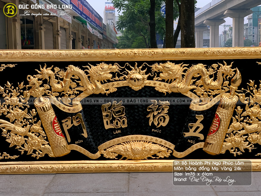 Hoành Phi Ngũ Phúc Lâm Môn 1m76 x 61cm Mạ vàng