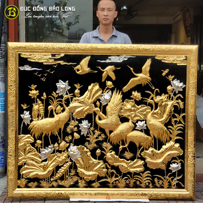 Tranh Sen Hạc Khung Đồng Mạ Vàng Dát Bạc 1m55