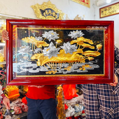 Tranh Hoa Sen 1m x 60cm Bằng Đồng Dát Vàng Dát Bạc