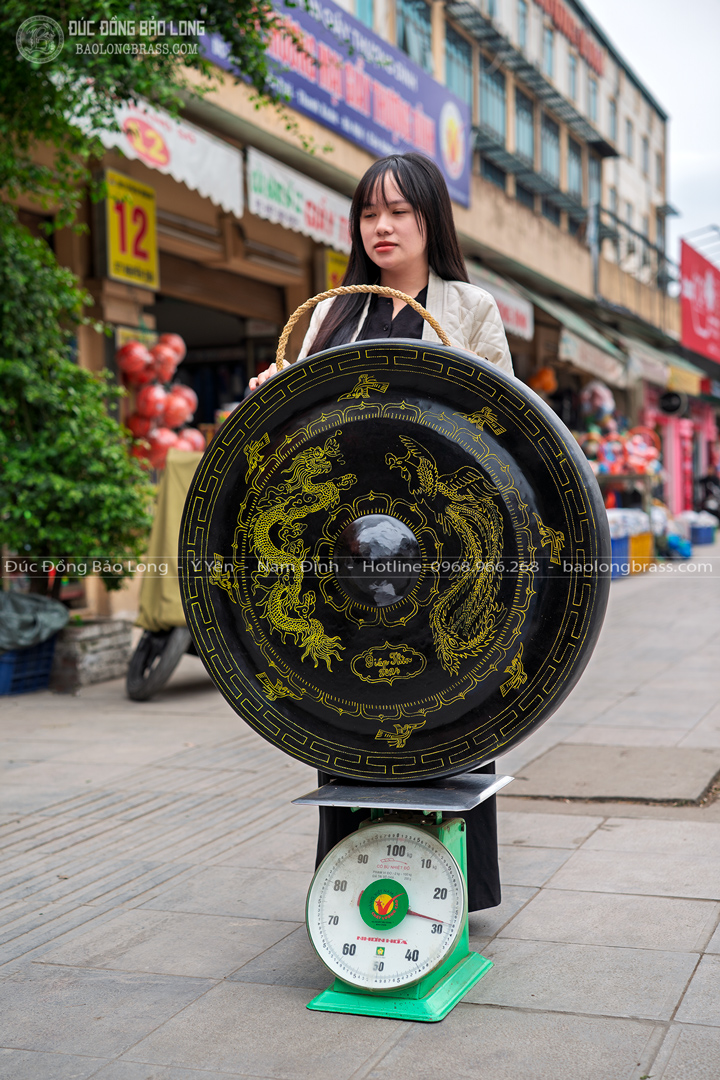 Chiêng Đồng Chạm Hoa Văn Rồng Phượng ĐK 80Cm
