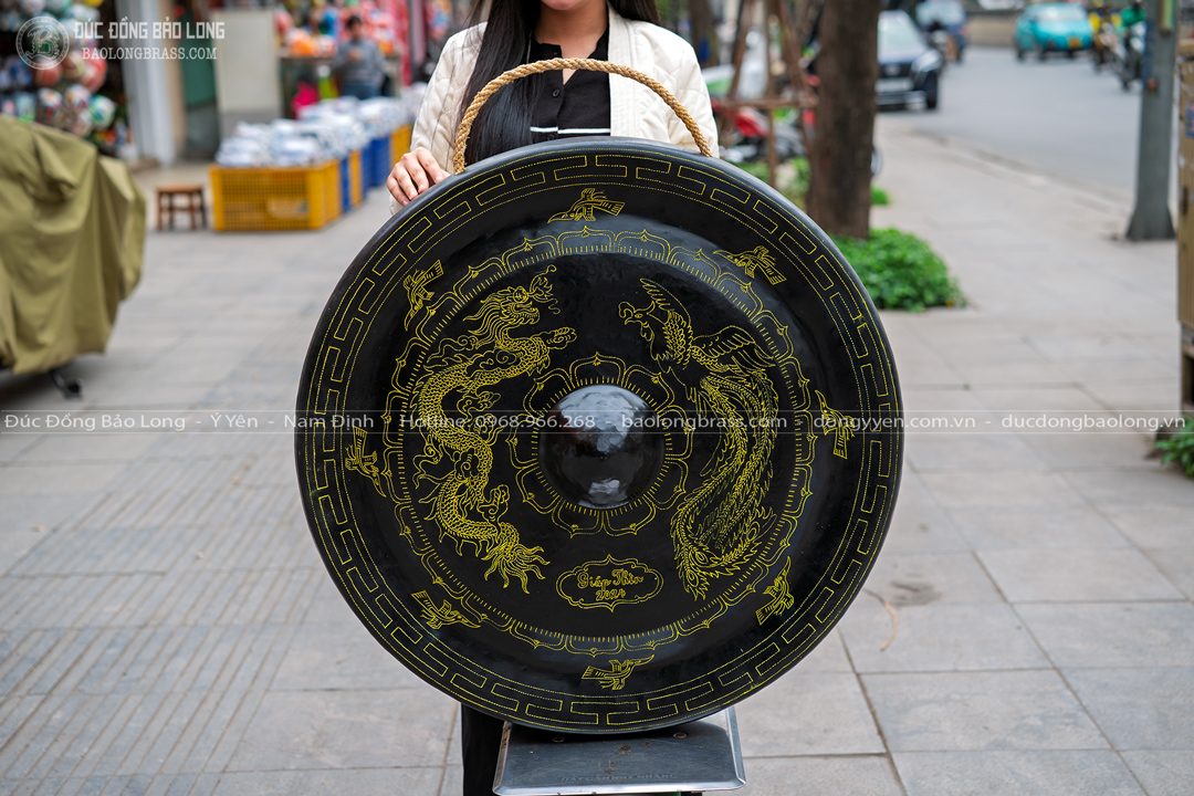 chiêng đồng chạm hoa văn rồng phượng đk 80cm