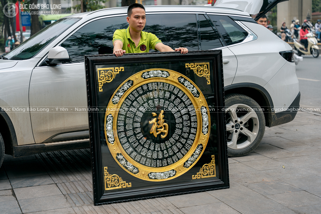 tranh mâm đồng bách phúc dát vàng bạc 9999 khung gỗ gụ khổ vuông 1m27