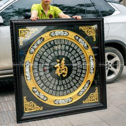 tranh mâm đồng bách phúc dát vàng bạc 9999 khung gỗ gụ khổ vuông 1m27