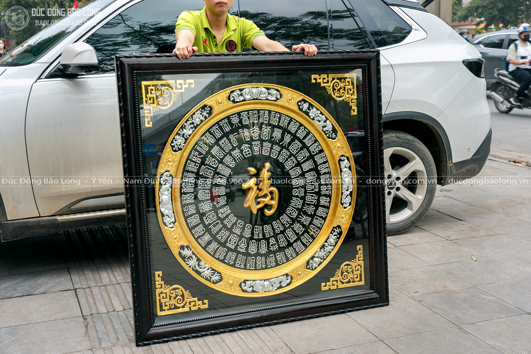 Tranh Mâm Đồng Bách Phúc Dát Bạc Vàng 9999 Khung Gỗ Gụ Khổ Vuông 1m27
