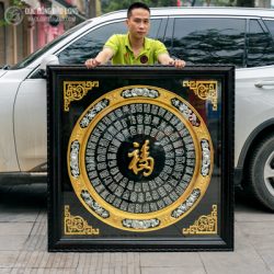 tranh mâm đồng bách phúc dát vàng bạc 9999 khung gỗ gụ khổ vuông 1m27