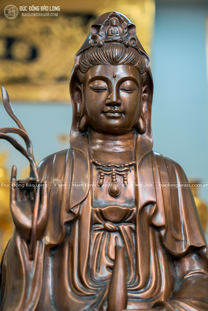Tượng Phật Bà Quan Âm Ngồi Đài Sen Bằng Đồng Đỏ Màu Trầm Cổ Cao 81Cm