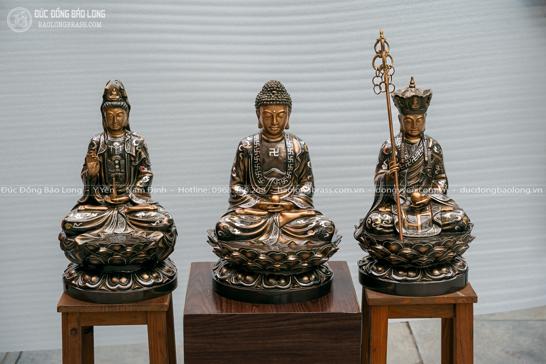 tượng sa bà tam thánh bằng đồng đỏ khảm tam khí cao 48cm