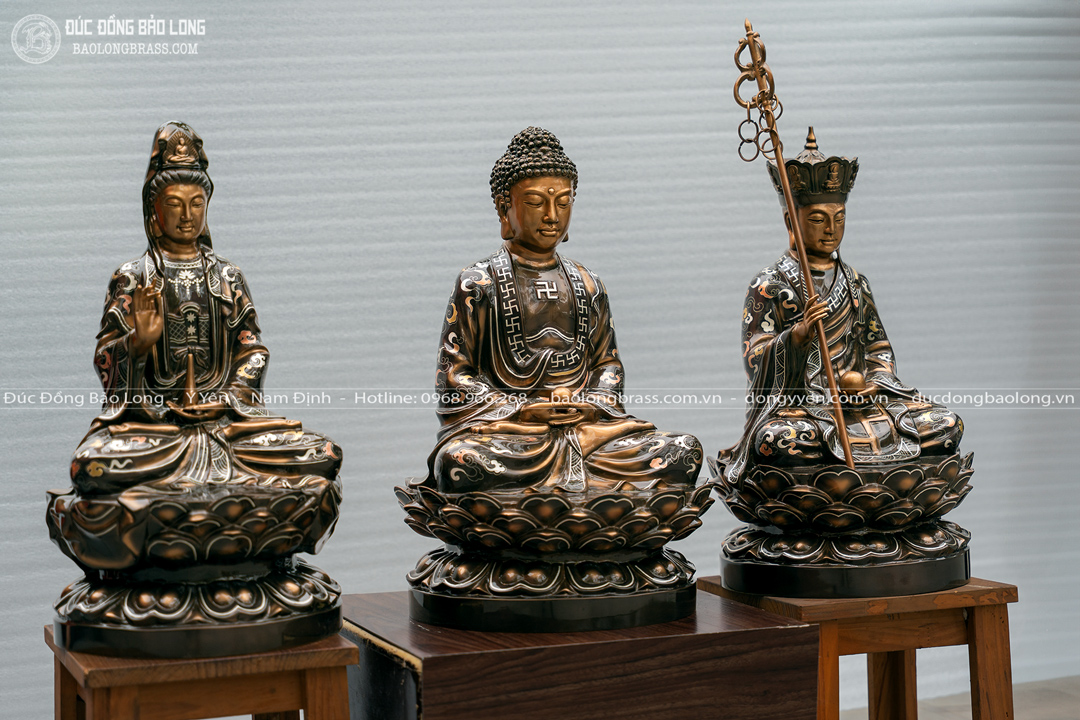 Bộ Tượng Sa Bà Tam Thánh Bằng Đồng Khảm Tam Khí Cao 48Cm