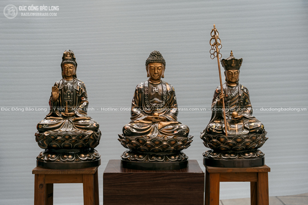bộ tượng sa bà tam thánh bằng đồng khảm tam khí cao 48cm