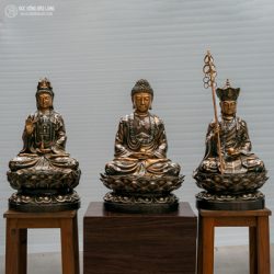 tượng sa bà tam thánh bằng đồng đỏ khảm tam khí cao 48cm