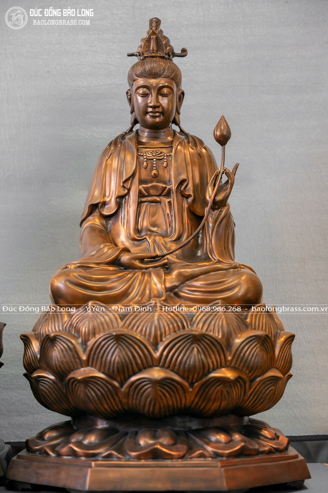 Tượng Tam Thánh Tây Phương Ngồi Tòa Sen Bằng Đồng Đỏ Cao 81Cm
