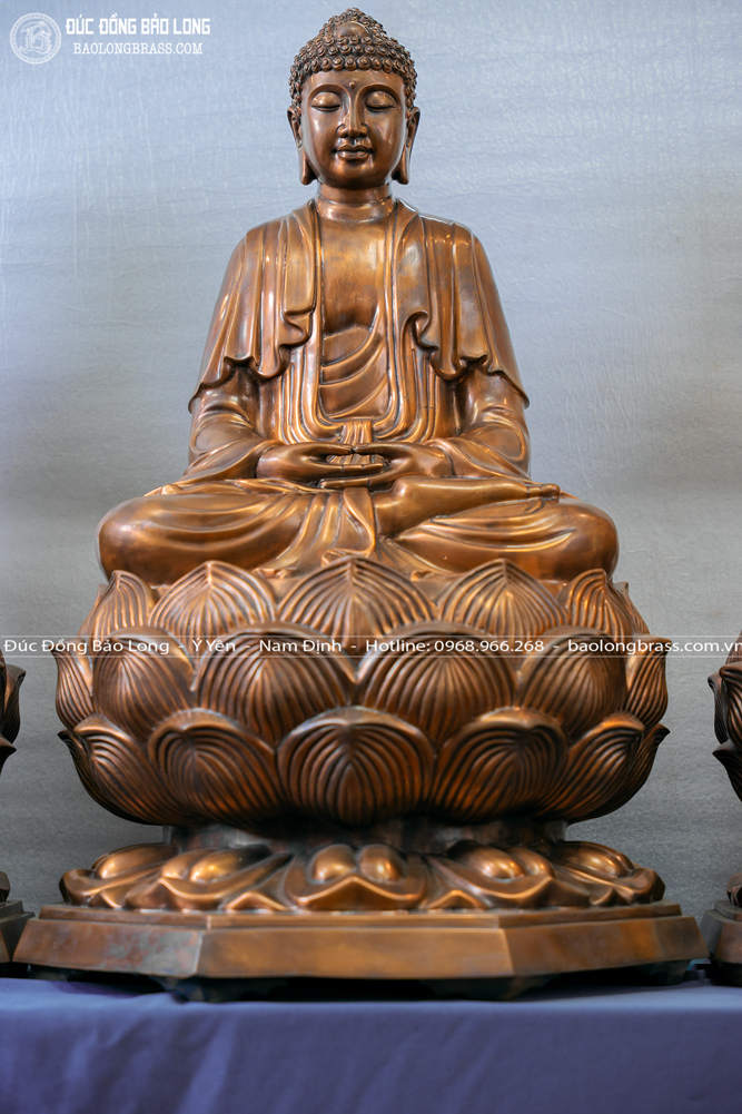 Tượng Tam Thánh Tây Phương Ngồi Tòa Sen Bằng Đồng Đỏ Cao 81Cm