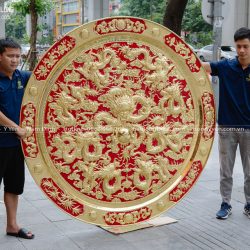 tranh mâm đồng Cửu Long quần tụ bằng đồng vàng đk 1m88