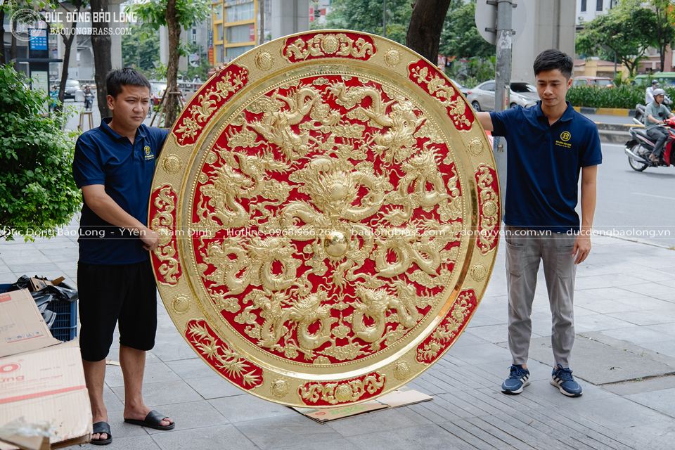 Tranh Mâm Đồng Cửu Long Quần Tụ Bằng Đồng Vàng ĐK 1m88
