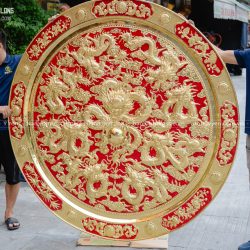 tranh mâm đồng Cửu Long quần tụ bằng đồng vàng đk 1m88