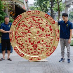 Tranh Mâm Đồng Cửu Long Quần Tụ Bằng Đồng Vàng ĐK 1m88
