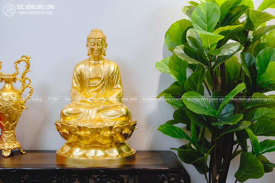 Tượng Phật A Di Đà Bằng Đồng Đỏ Dát Vàng 9999 Cao 69Cm