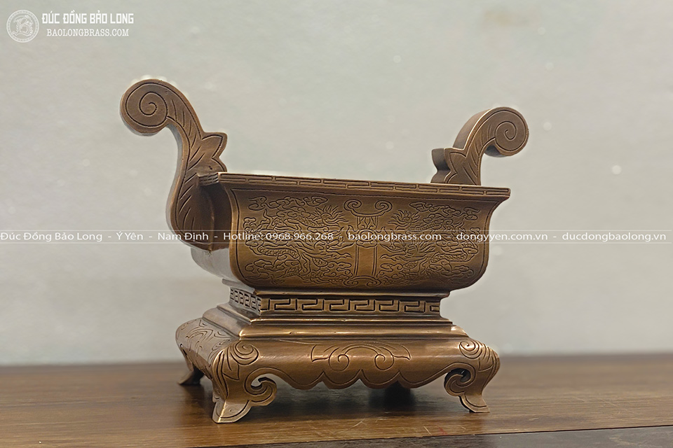 Bát Hương Đồng Hình Chữ Nhật Màu Trầm Cổ Cỡ 20Cm, 25Cm