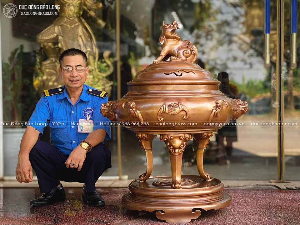 Đỉnh Đồng Dơi Ngũ Phúc Màu Giả Cổ Đúc Thủ Công Bằng Đồng Đỏ Cao 1m07