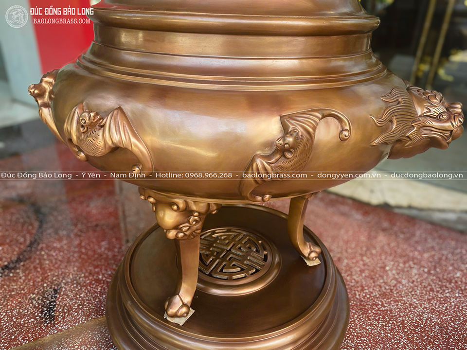 Đỉnh Đồng Dơi Ngũ Phúc Màu Giả Cổ Đúc Thủ Công Bằng Đồng Đỏ Cao 1m07