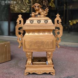 Đỉnh Đồng Vuông Tai Chiên Chạm Rồng Phượng Bằng Đồng Đỏ Màu Trầm Cổ Cao 60Cm
