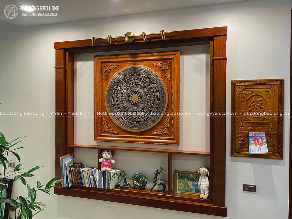 tranh Mặt trống đồng ĐK 80Cm Đúc thủ công Khung gỗ hương đá 1m07